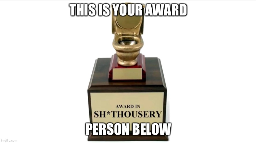 Sh*thousery Award | THIS IS YOUR AWARD; PERSON BELOW | image tagged in sh thousery award | made w/ Imgflip meme maker