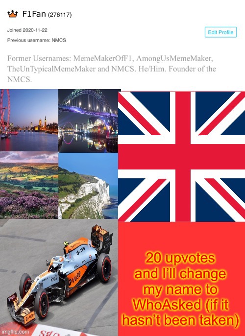 F1Fan Announcement Template | 20 upvotes and I’ll change my name to WhoAsked (if it hasn’t been taken) | image tagged in f1fan announcement template | made w/ Imgflip meme maker