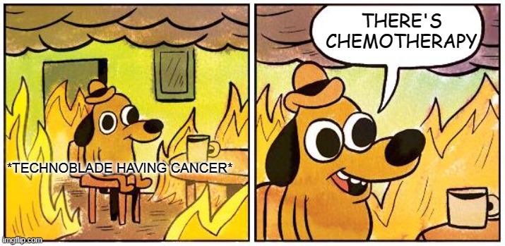 Technoblades emotions when he says he has cancer | THERE'S CHEMOTHERAPY; *TECHNOBLADE HAVING CANCER* | image tagged in this is fine blank,technoblade,techno | made w/ Imgflip meme maker