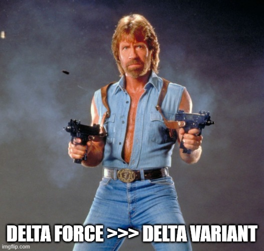 Chuck Norris Guns | DELTA FORCE >>> DELTA VARIANT | image tagged in memes,chuck norris guns,chuck norris | made w/ Imgflip meme maker