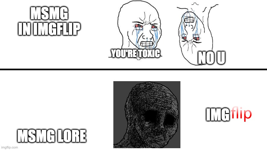 gameplay vs lore | MSMG IN IMGFLIP; YOU'RE TOXIC; NO U; MSMG LORE; IMG | image tagged in gameplay vs lore | made w/ Imgflip meme maker