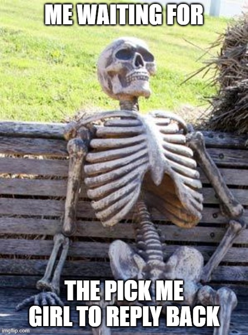 Waiting Skeleton | ME WAITING FOR; THE PICK ME GIRL TO REPLY BACK | image tagged in memes,waiting skeleton,skeleton,funny,relatable | made w/ Imgflip meme maker