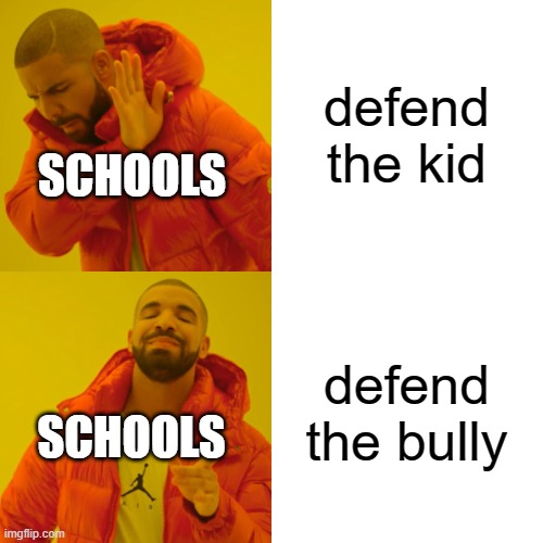 defend the kid defend the bully SCHOOLS SCHOOLS | image tagged in memes,drake hotline bling | made w/ Imgflip meme maker