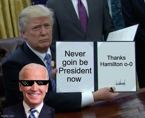 Trump Bill Signing | Never goin be President now; Thanks Hamilton o-0 | image tagged in memes,trump bill signing | made w/ Imgflip meme maker