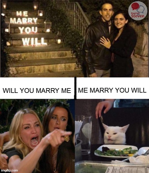 I hope their marriage was ok | ME MARRY YOU WILL; WILL YOU MARRY ME | image tagged in memes,woman yelling at cat,will you marry me,meme,you had one job | made w/ Imgflip meme maker