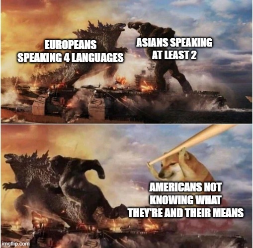Languages | ASIANS SPEAKING AT LEAST 2; EUROPEANS SPEAKING 4 LANGUAGES; AMERICANS NOT KNOWING WHAT THEY'RE AND THEIR MEANS | image tagged in kong godzilla doge | made w/ Imgflip meme maker