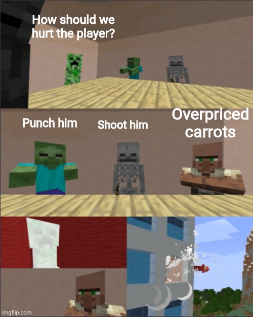 Villager are too greedy | How should we hurt the player? Overpriced carrots; Punch him; Shoot him | image tagged in minecraft boardroom meeting suggestion | made w/ Imgflip meme maker