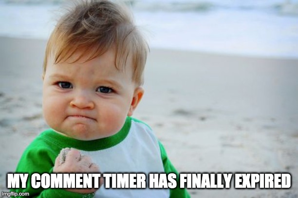 Hopefully they don't do that thing where they delete a comment every 23 hours to spread it out. | MY COMMENT TIMER HAS FINALLY EXPIRED | image tagged in memes,success kid original,comment timer,imgflip mods,freedom | made w/ Imgflip meme maker