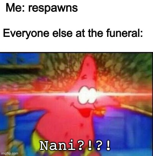 Nani?!?!?! |  Me: respawns; Everyone else at the funeral:; Nani?!?! | image tagged in nani | made w/ Imgflip meme maker