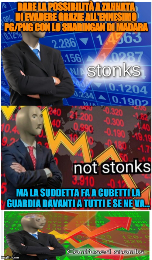 Stonks not stonks confused stonks | DARE LA POSSIBILITÀ A ZANNATA DI EVADERE GRAZIE ALL'ENNESIMO PG/PNG CON LO SHARINGAN DI MADARA; MA LA SUDDETTA FA A CUBETTI LA GUARDIA DAVANTI A TUTTI E SE NE VA... | image tagged in stonks not stonks confused stonks | made w/ Imgflip meme maker