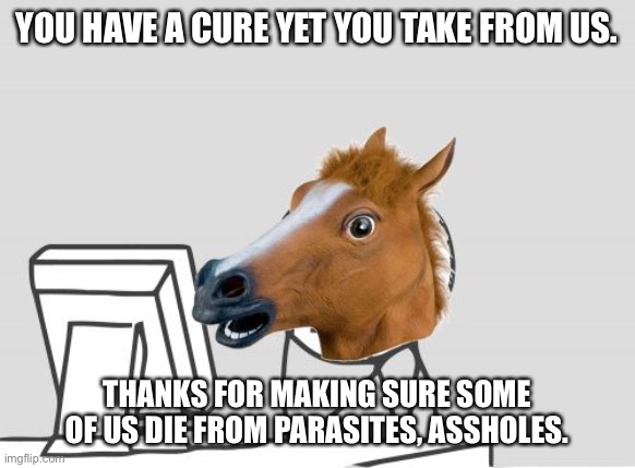 Computer Horse Meme | YOU HAVE A CURE YET YOU TAKE FROM US. THANKS FOR MAKING SURE SOME OF US DIE FROM PARASITES, ASSHOLES. | image tagged in memes,computer horse | made w/ Imgflip meme maker