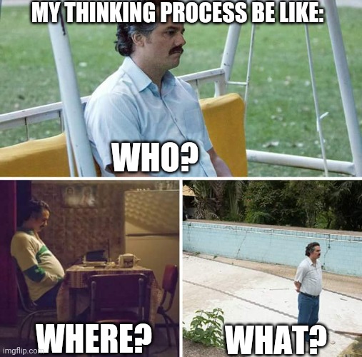 My thinking process | MY THINKING PROCESS BE LIKE:; WHO? WHAT? WHERE? | image tagged in memes,sad pablo escobar | made w/ Imgflip meme maker