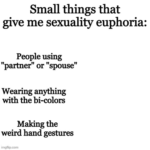 Happy Boi | Small things that give me sexuality euphoria:; People using "partner" or "spouse"; Wearing anything with the bi-colors; Making the weird hand gestures | image tagged in white void | made w/ Imgflip meme maker