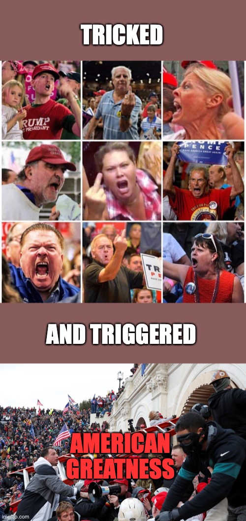 TRICKED; AND TRIGGERED; AMERICAN GREATNESS | image tagged in triggered trump supporters,qanon - insurrection - trump riot - sedition | made w/ Imgflip meme maker