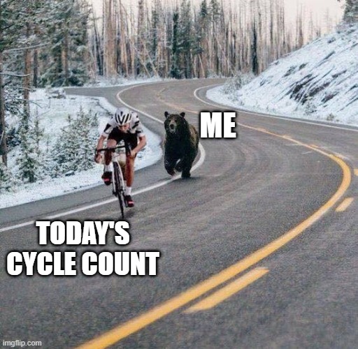 Chasing Cycles | ME; TODAY'S CYCLE COUNT | image tagged in bear chasing a cyclist,work,warehouse,counting | made w/ Imgflip meme maker