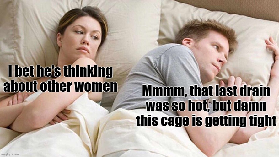 Other women Findom | I bet he's thinking about other women; Mmmm, that last drain was so hot, but damn this cage is getting tight | image tagged in memes,i bet he's thinking about other women | made w/ Imgflip meme maker