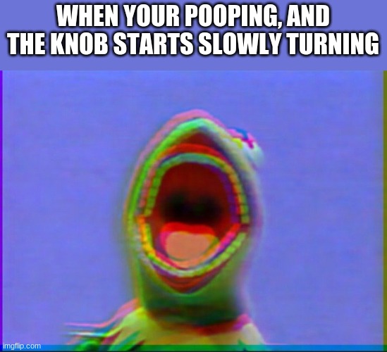 kermit scream | WHEN YOUR POOPING, AND THE KNOB STARTS SLOWLY TURNING | image tagged in kermit scream | made w/ Imgflip meme maker