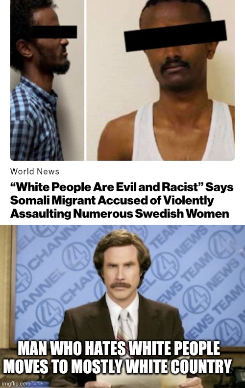 MAN WHO HATES WHITE PEOPLE MOVES TO MOSTLY WHITE COUNTRY | image tagged in memes,ron burgundy | made w/ Imgflip meme maker