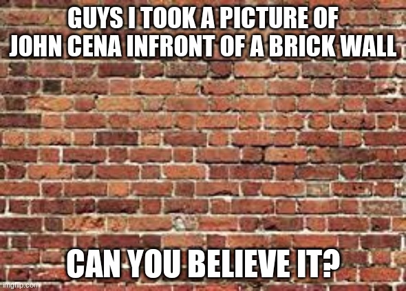 if you don't get the joke your smartn't | GUYS I TOOK A PICTURE OF JOHN CENA INFRONT OF A BRICK WALL; CAN YOU BELIEVE IT? | made w/ Imgflip meme maker