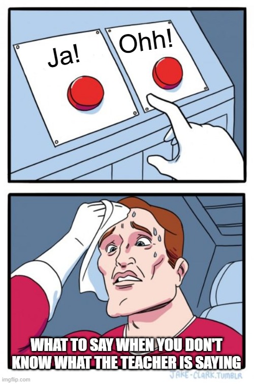 German class | Ohh! Ja! WHAT TO SAY WHEN YOU DON'T KNOW WHAT THE TEACHER IS SAYING | image tagged in memes,two buttons | made w/ Imgflip meme maker