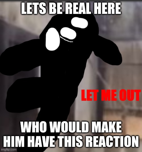 LET ME OUT | LETS BE REAL HERE; WHO WOULD MAKE HIM HAVE THIS REACTION | image tagged in let me out | made w/ Imgflip meme maker