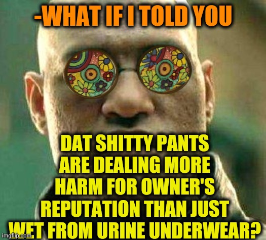 Pee-pee, ka-ka. | -WHAT IF I TOLD YOU; DAT SHITTY PANTS ARE DEALING MORE HARM FOR OWNER'S REPUTATION THAN JUST WET FROM URINE UNDERWEAR? | image tagged in acid kicks in morpheus,urine,shitty meme,thats a lot of damage,reputation,what if i told you | made w/ Imgflip meme maker
