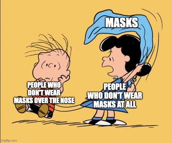 It's the same thing | MASKS; PEOPLE WHO DON'T WEAR MASKS AT ALL; PEOPLE WHO DON'T WEAR MASKS OVER THE NOSE | image tagged in masks,covid-19,covid19,peanuts | made w/ Imgflip meme maker