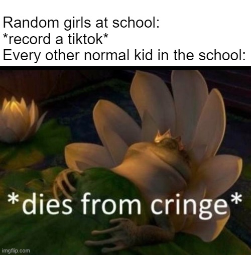 I die of cringe too | Random girls at school: *record a tiktok*
Every other normal kid in the school: | image tagged in dies of cringe | made w/ Imgflip meme maker