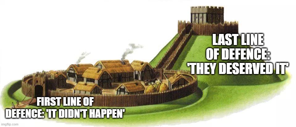 Authcentre on genocides | LAST LINE OF DEFENCE: 'THEY DESERVED IT'; FIRST LINE OF DEFENCE: 'IT DIDN'T HAPPEN' | image tagged in motte and bailey | made w/ Imgflip meme maker