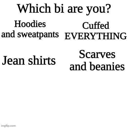 Reply in comments | Which bi are you? Hoodies and sweatpants; Cuffed EVERYTHING; Scarves and beanies; Jean shirts | image tagged in white void | made w/ Imgflip meme maker