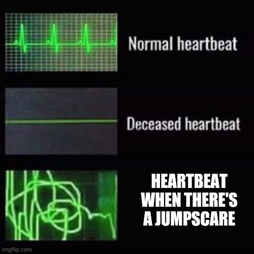 heartbeat rate | HEARTBEAT WHEN THERE'S A JUMPSCARE | image tagged in heartbeat rate | made w/ Imgflip meme maker