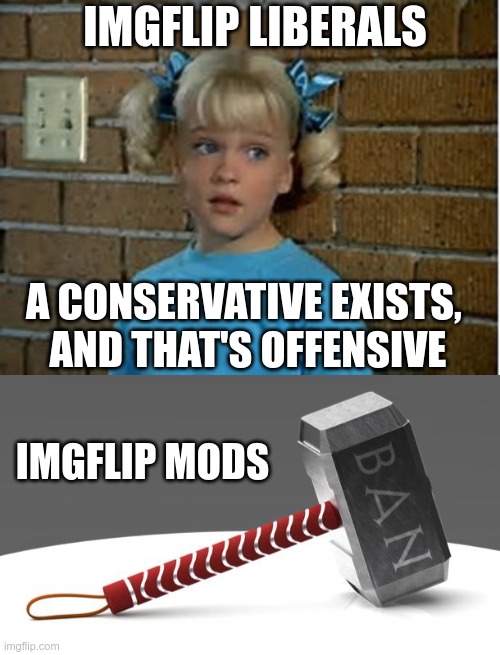 When everything is offensive, nothing is offensive | IMGFLIP LIBERALS; A CONSERVATIVE EXISTS, 
AND THAT'S OFFENSIVE; IMGFLIP MODS | image tagged in cindy brady tattletale nunes,da banhammer | made w/ Imgflip meme maker