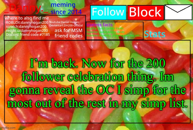 _Danny._ mike and ike announcementz | I’m back. Now for the 200 follower celebration thing. Im gonna reveal the OC I simp for the most out of the rest in my simp list. | image tagged in _danny _ mike and ike announcementz | made w/ Imgflip meme maker