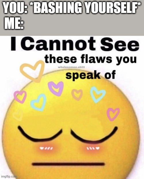 i must be blind. cuz i dont see these flaws | YOU: *BASHING YOURSELF*; ME: | image tagged in i cannot see these flaws you speak of | made w/ Imgflip meme maker