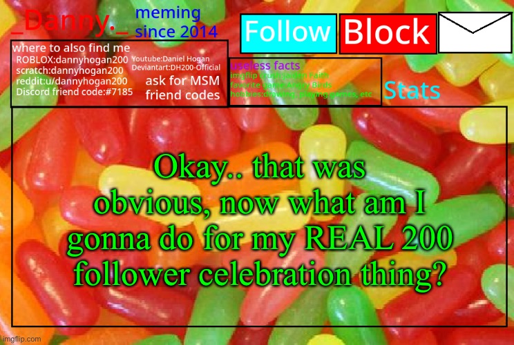 _Danny._ mike and ike announcementz | Okay.. that was obvious, now what am I gonna do for my REAL 200 follower celebration thing? | image tagged in _danny _ mike and ike announcementz | made w/ Imgflip meme maker