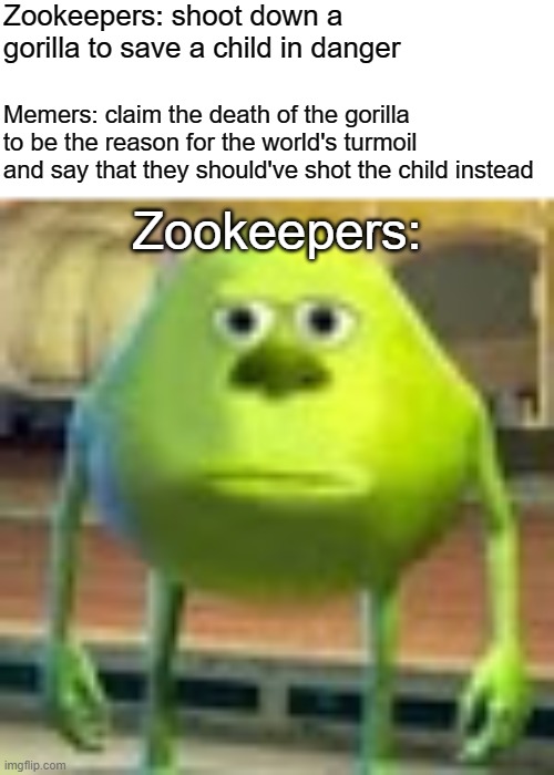 F for Harambe |  Zookeepers: shoot down a gorilla to save a child in danger; Memers: claim the death of the gorilla to be the reason for the world's turmoil and say that they should've shot the child instead; Zookeepers: | image tagged in sully wazowski,harambe | made w/ Imgflip meme maker