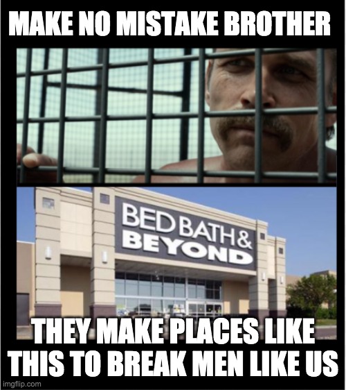 Make No Mistake - Bed Bath Beyond | MAKE NO MISTAKE BROTHER; THEY MAKE PLACES LIKE THIS TO BREAK MEN LIKE US | image tagged in shotcaller | made w/ Imgflip meme maker