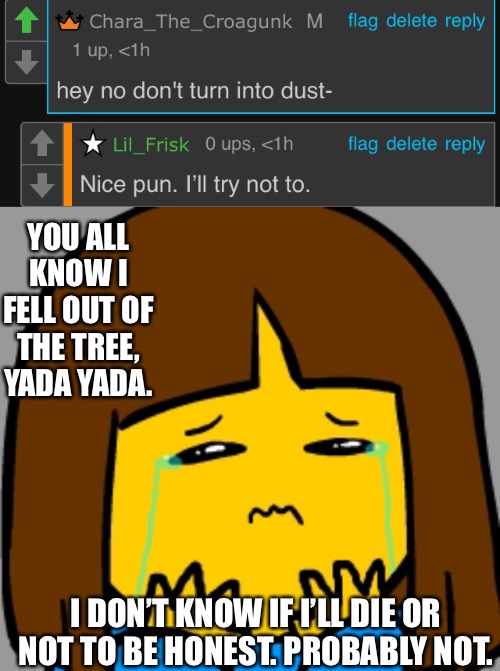 Thanks, Chara :) | YOU ALL KNOW I FELL OUT OF THE TREE, YADA YADA. I DON’T KNOW IF I’LL DIE OR NOT TO BE HONEST. PROBABLY NOT. | image tagged in super sad frisk | made w/ Imgflip meme maker