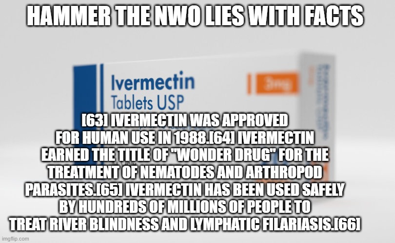 FUN FACTS TO KNOW | HAMMER THE NWO LIES WITH FACTS; [63] IVERMECTIN WAS APPROVED FOR HUMAN USE IN 1988.[64] IVERMECTIN EARNED THE TITLE OF "WONDER DRUG" FOR THE TREATMENT OF NEMATODES AND ARTHROPOD PARASITES.[65] IVERMECTIN HAS BEEN USED SAFELY BY HUNDREDS OF MILLIONS OF PEOPLE TO TREAT RIVER BLINDNESS AND LYMPHATIC FILARIASIS.[66] | made w/ Imgflip meme maker