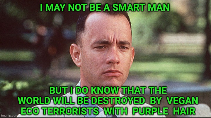 I may not be a smart man |  I MAY NOT BE A SMART MAN; BUT I DO KNOW THAT THE WORLD WILL BE DESTROYED  BY  VEGAN ECO TERRORISTS  WITH  PURPLE  HAIR | image tagged in i may not be a smart man,terrorism,vegan,veganism | made w/ Imgflip meme maker