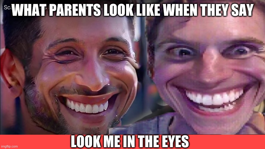 Parents man ? | WHAT PARENTS LOOK LIKE WHEN THEY SAY; LOOK ME IN THE EYES | image tagged in parents | made w/ Imgflip meme maker