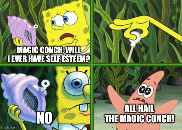 Magic Conch | MAGIC CONCH, WILL I EVER HAVE SELF ESTEEM? NO; ALL HAIL THE MAGIC CONCH! | image tagged in magic conch | made w/ Imgflip meme maker