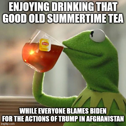 Drinking Tea while media flips out about Biden on Afghanistan | ENJOYING DRINKING THAT GOOD OLD SUMMERTIME TEA; WHILE EVERYONE BLAMES BIDEN FOR THE ACTIONS OF TRUMP IN AFGHANISTAN | image tagged in kermit the frog,joe biden,afghanistan,donald trump,media,losers | made w/ Imgflip meme maker