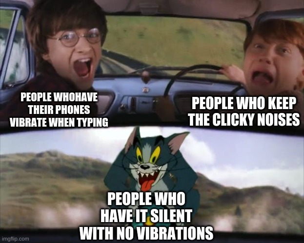 How do people with this setting keep themselves sane??? | PEOPLE WHO KEEP THE CLICKY NOISES; PEOPLE WHOHAVE THEIR PHONES VIBRATE WHEN TYPING; PEOPLE WHO HAVE IT SILENT WITH NO VIBRATIONS | image tagged in tom chasing harry and ron weasly | made w/ Imgflip meme maker