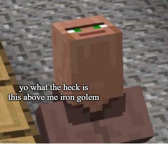 *villager starts looking at the meme in my account* | yo what the heck is this above me iron golem | image tagged in minecraft villager looking up | made w/ Imgflip meme maker