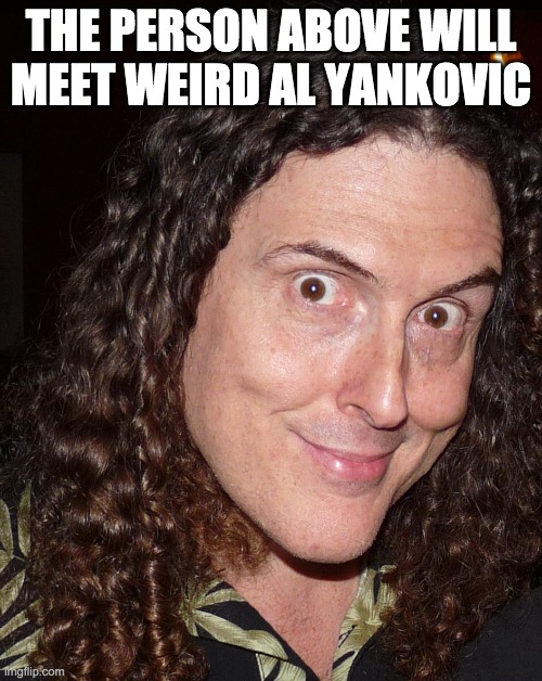 Weird Al Yankovich | THE PERSON ABOVE WILL MEET WEIRD AL YANKOVIC | image tagged in weird al yankovich | made w/ Imgflip meme maker