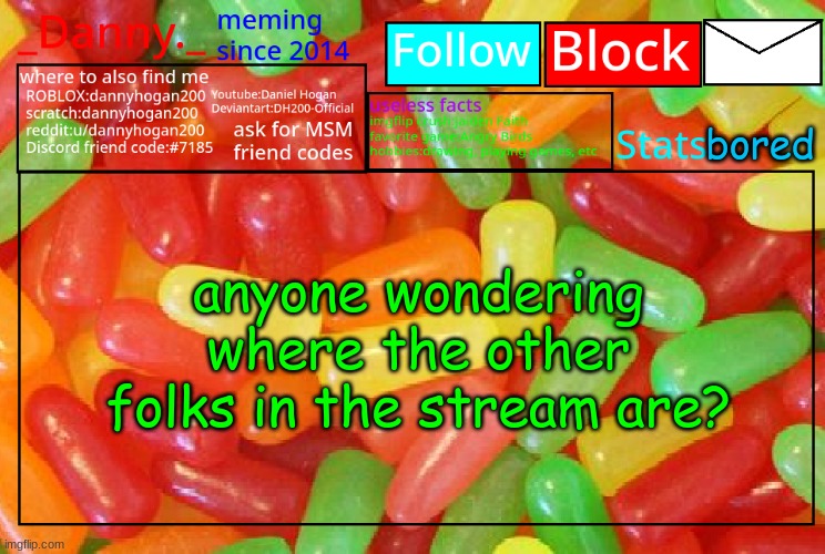 _Danny._ mike and ike announcementz | bored; anyone wondering where the other folks in the stream are? | image tagged in _danny _ mike and ike announcementz | made w/ Imgflip meme maker