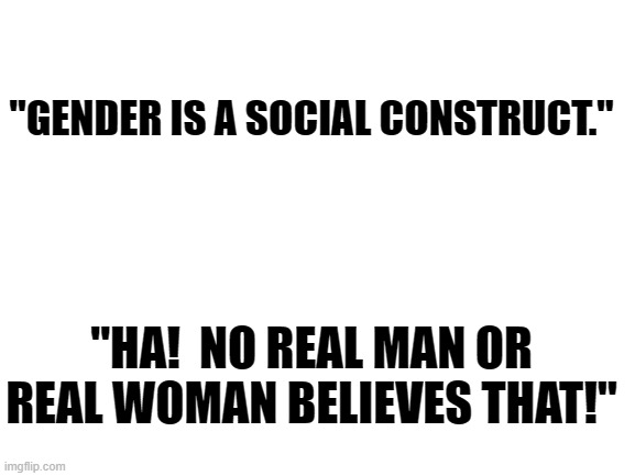 Blank White Template | "GENDER IS A SOCIAL CONSTRUCT."; "HA!  NO REAL MAN OR REAL WOMAN BELIEVES THAT!" | image tagged in blank white template | made w/ Imgflip meme maker