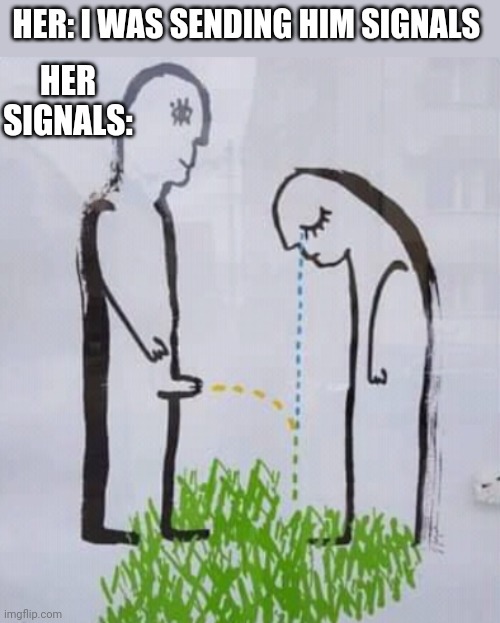 HER SIGNALS:; HER: I WAS SENDING HIM SIGNALS | image tagged in funny memes | made w/ Imgflip meme maker