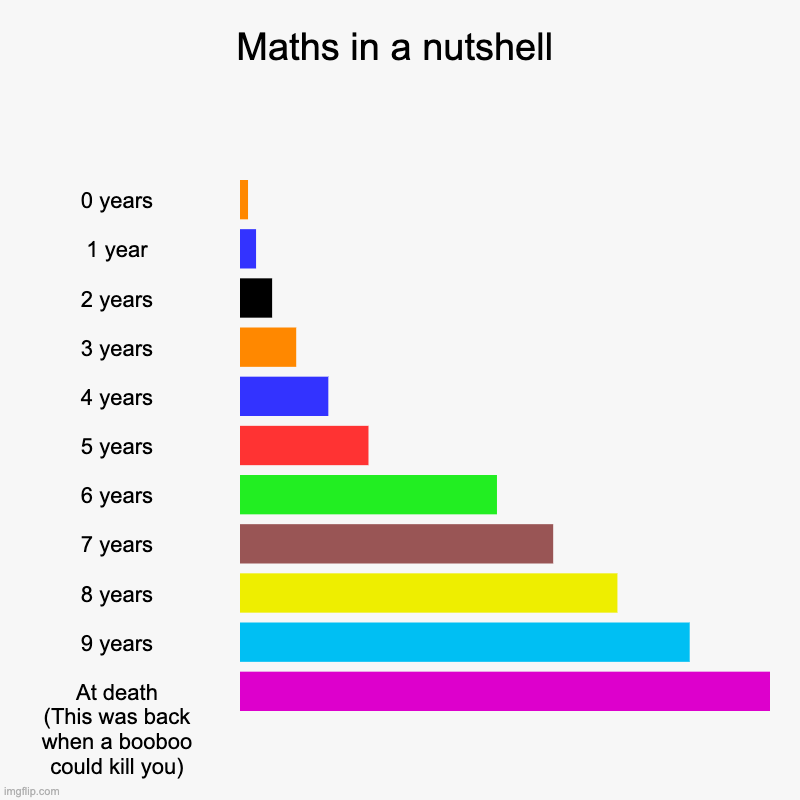 Maths in a nutshell | Maths in a nutshell | 0 years, 1 year, 2 years, 3 years, 4 years, 5 years, 6 years, 7 years, 8 years, 9 years, At death, (This was back when | image tagged in charts,bar charts | made w/ Imgflip chart maker